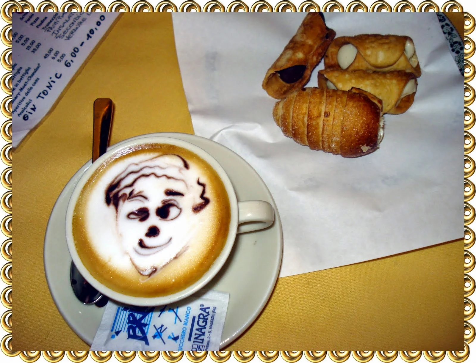 cute coffee graphic of a face in a cappucino - ouritalianjourney.com