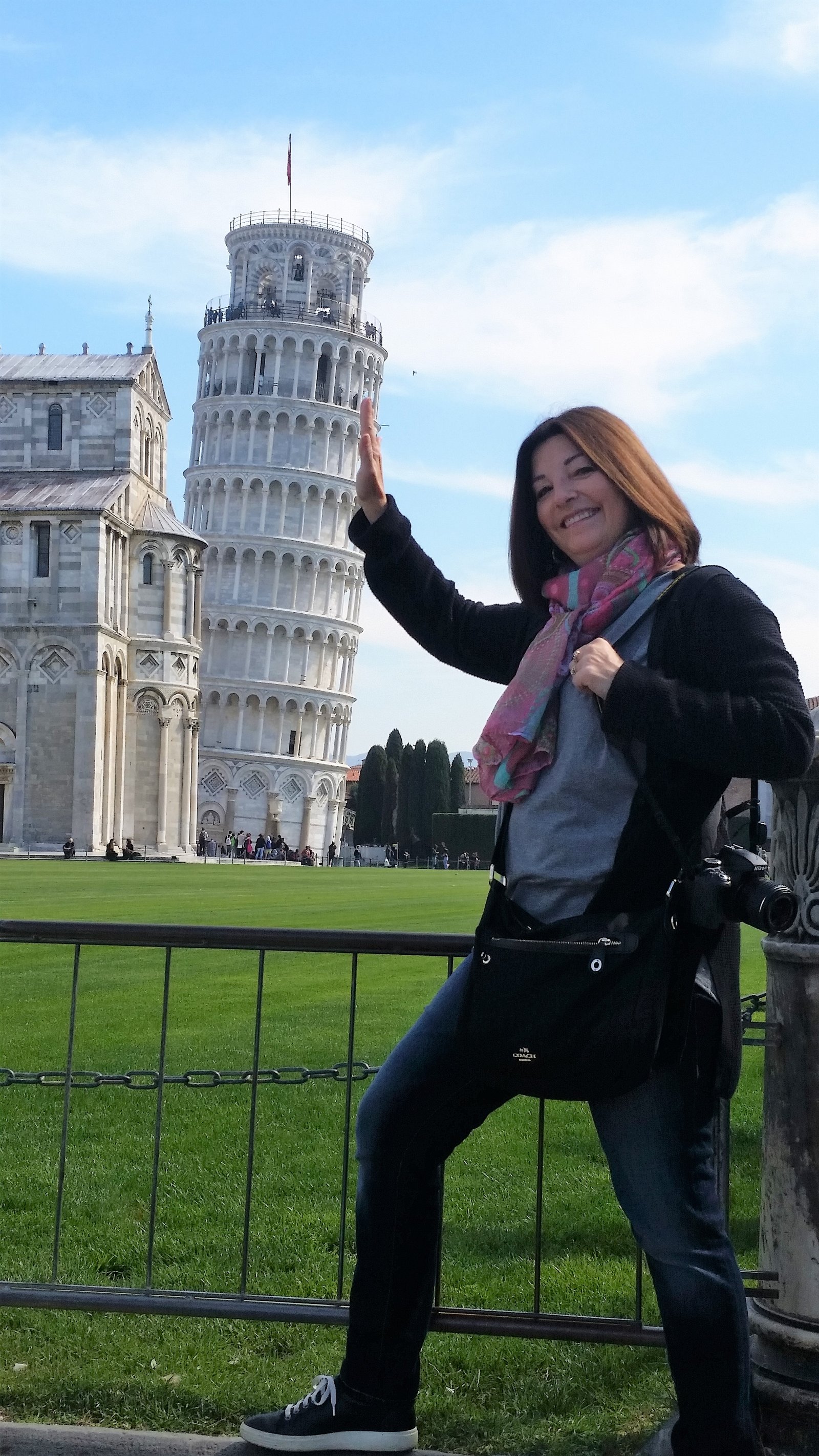 Ilene holding up Leaning Tower, Field of Miracles, Pisa