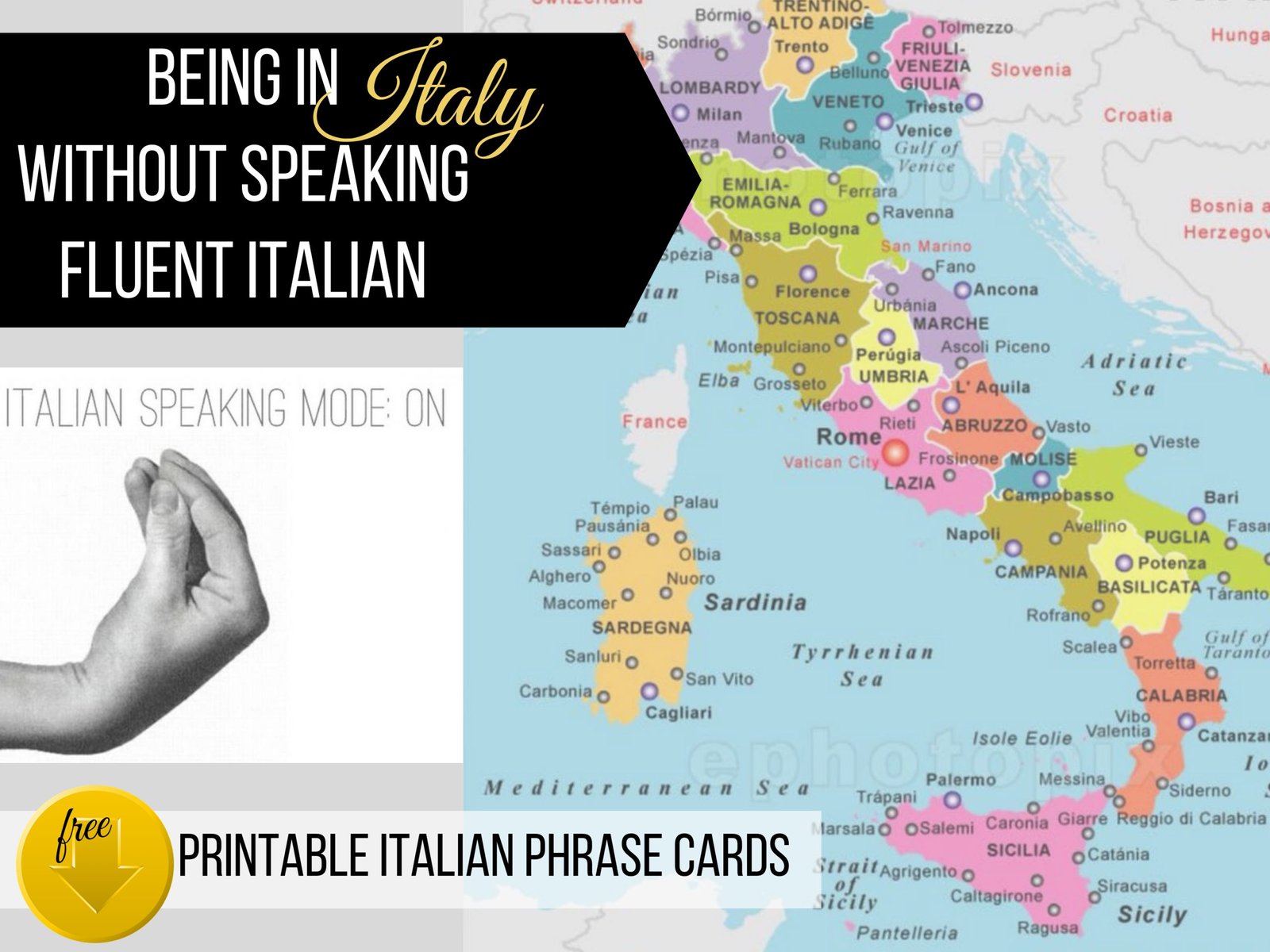In Italy not speaking fluent Italian. Free download printable Italian Phrase Cards from ouritalianjourney.com https://ouritalianjourney.com/being-in-italy-without-speaking-fluent-italian