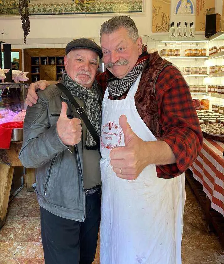 Famous butcher meets Gary the butcher in Panzano - ouritalianjourney.com