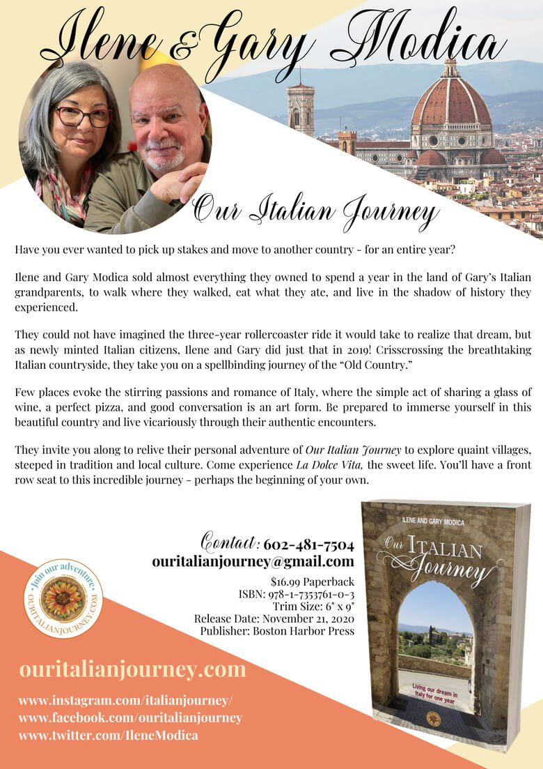 Marketing Flyer for Our Italian Journey, Ilene and Gary Modica, ouritalianjourney.com