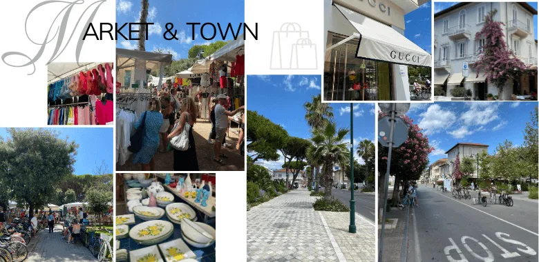 Forte dei Marmi in Tuscany, collage of town and market, ouritalianjourney.com