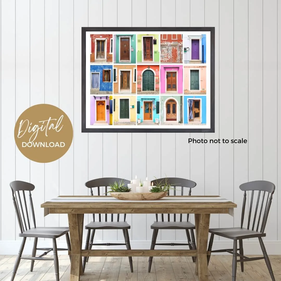 14x11 Landscape mockup of digital download of colorful doors in Burano, Italy. White border, digital, printable, posters, ouritalianjourney.com
