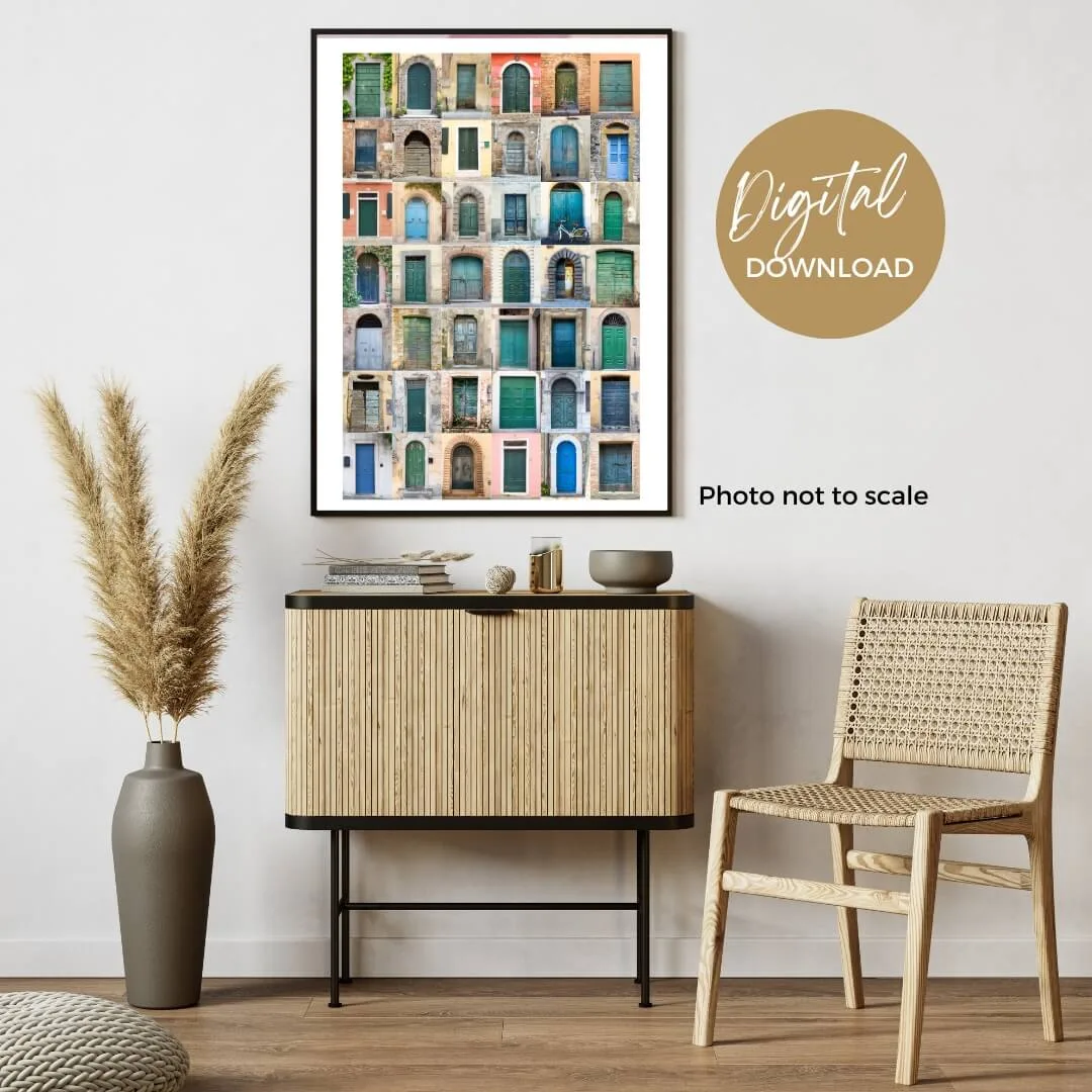 24x36 Portrait mockup of digital download of blue and green doors in Italy. No border, digital, printable, posters, ouritalianjourney.com