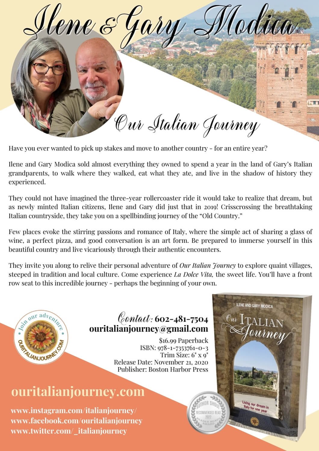 Marketing Flyer for Ilene and Gary Modica, ouritalianjourney.com