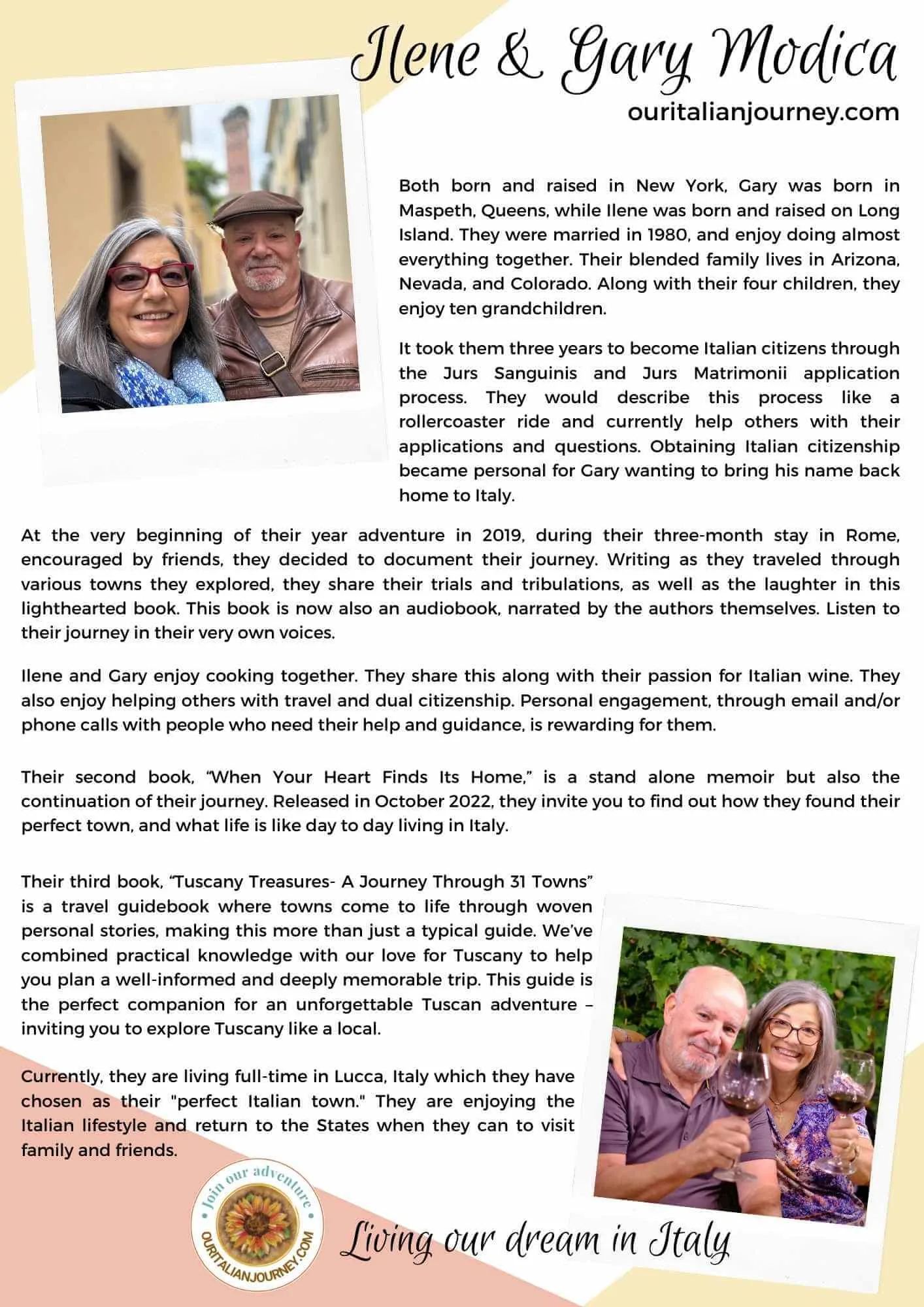 Ilene and Gary Modica Author Bio, ouritalianjourney.com