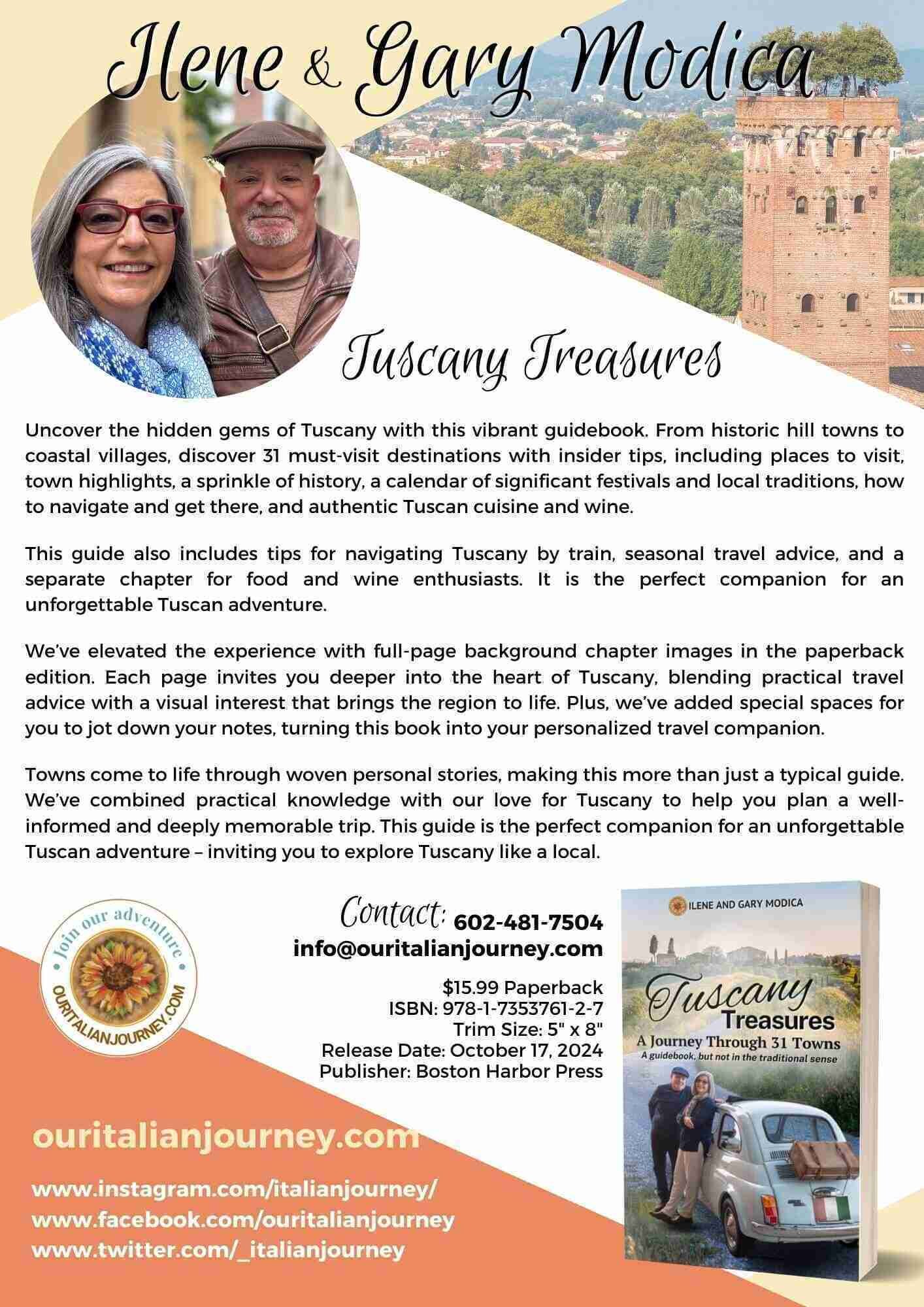 Marketing flyer for Tuscany Treasures- A Journey Through 31 Towns