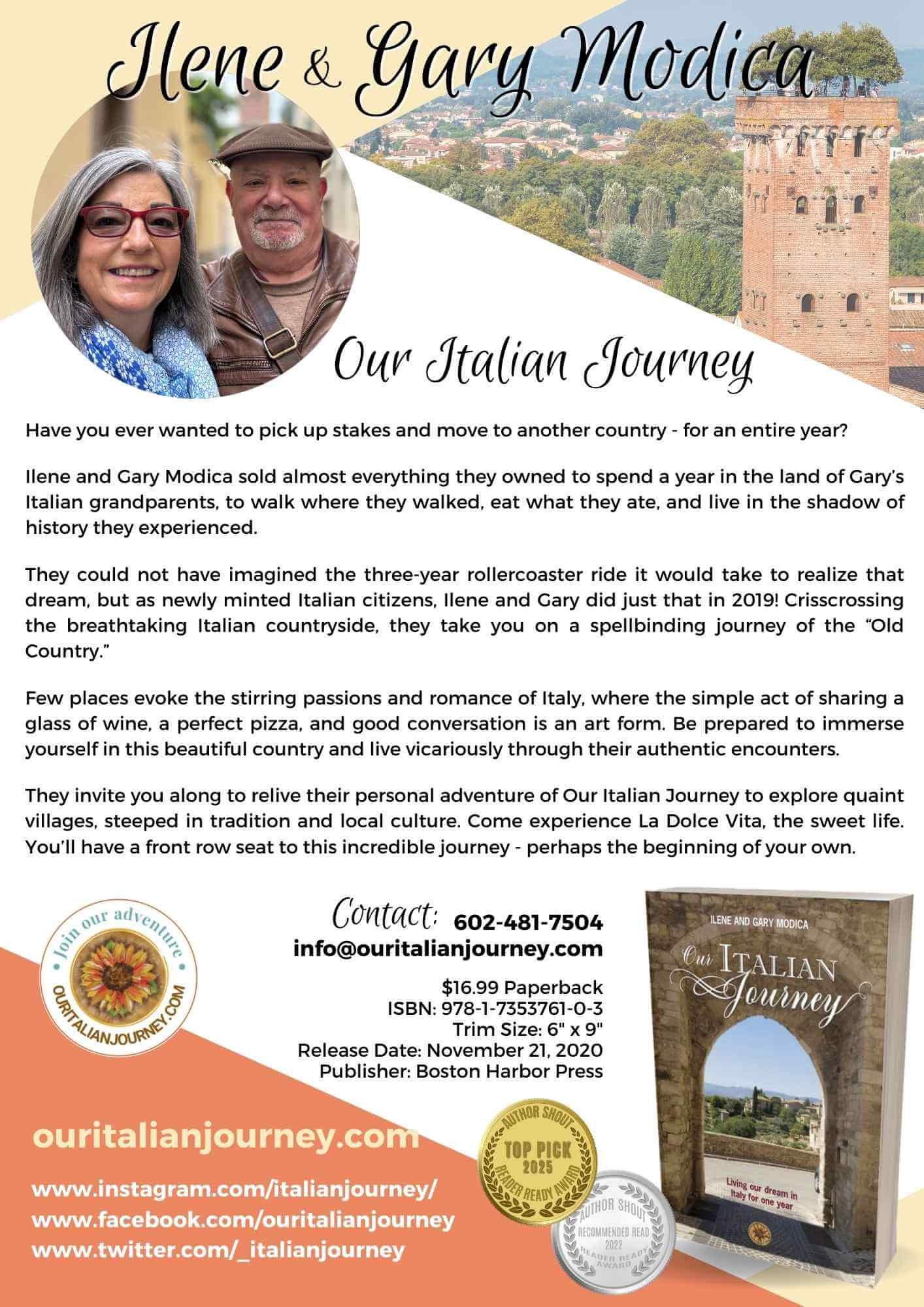 Marketing flyer for Our Italian Journey, ouritalianjourney.com