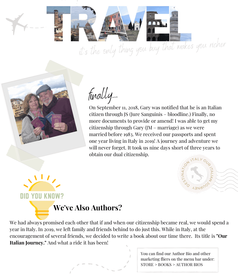 Ilene and Gary Modica information about books and blog - ouritalianjourney.com